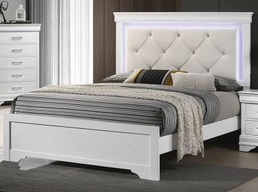 White Faux Leather Tufted Headboard 1pc Queen Size Bed w LED Bedroom Furniture White Unique Texture FB Solid wood