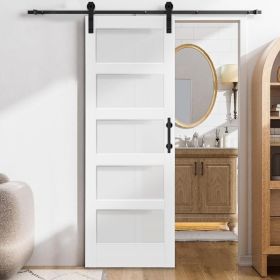 30 in. x 84 in. Unfinished Sliding Barn Door with 5FT Barn Door Hardware Kit & Handle, 5 Panel Tempered Glass Requires Simple DIY Assembly
