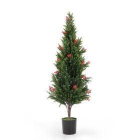 Set of 2 Artificial Cedar Topiary Trees with Red Berries, 5.25 Ft. Tall Fake Evergreen Potted Pine Plants, Faux Trees for Outdoor Home Porch Deco