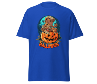 Halloween pumpkinhead teddy bear blackt-shirt merchyprint, size M (Color: Blue, size: M)