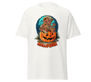 Halloween pumpkinhead teddy bear blackt-shirt merchyprint, size M (Color: White, size: L)