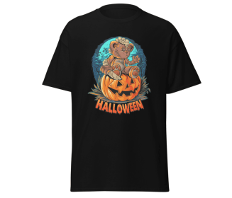Halloween pumpkinhead teddy bear blackt-shirt merchyprint, size M (Color: Black, size: L)